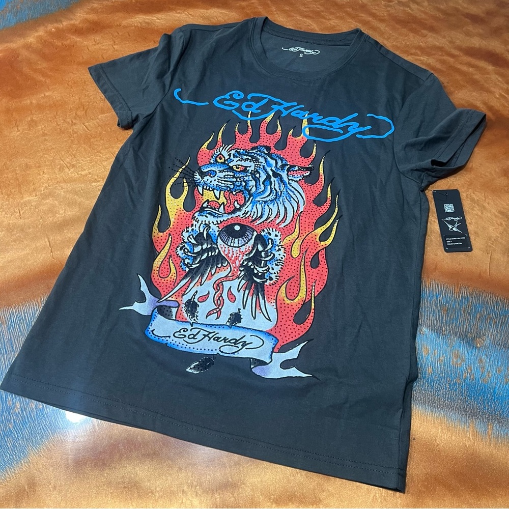New Ed Hardy Rhinestone Fire Tiger Black Graphic Tee  small